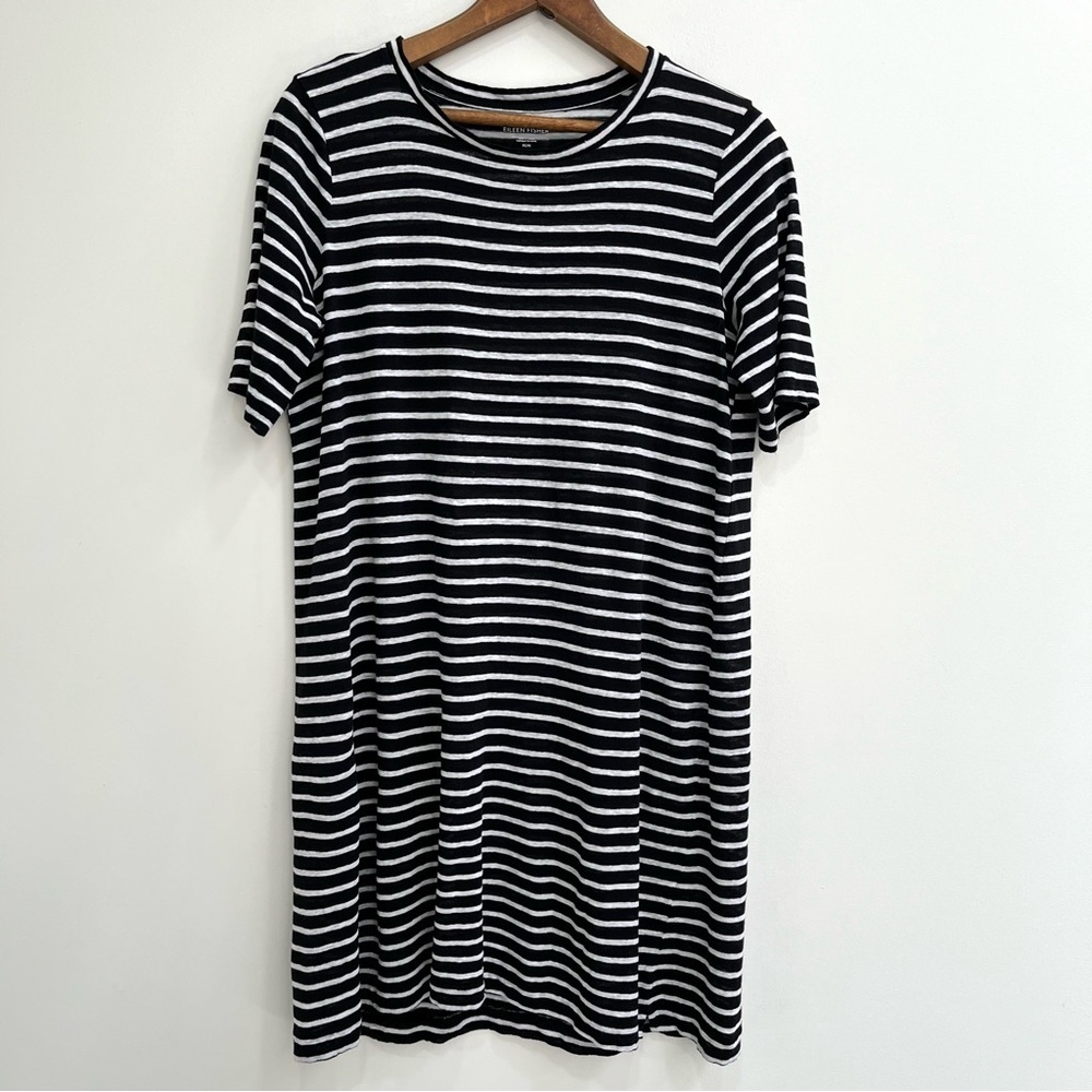 Eileen Fisher Seaside Black White Striped Linen T-Shirt Dress Elbow Sleeve M